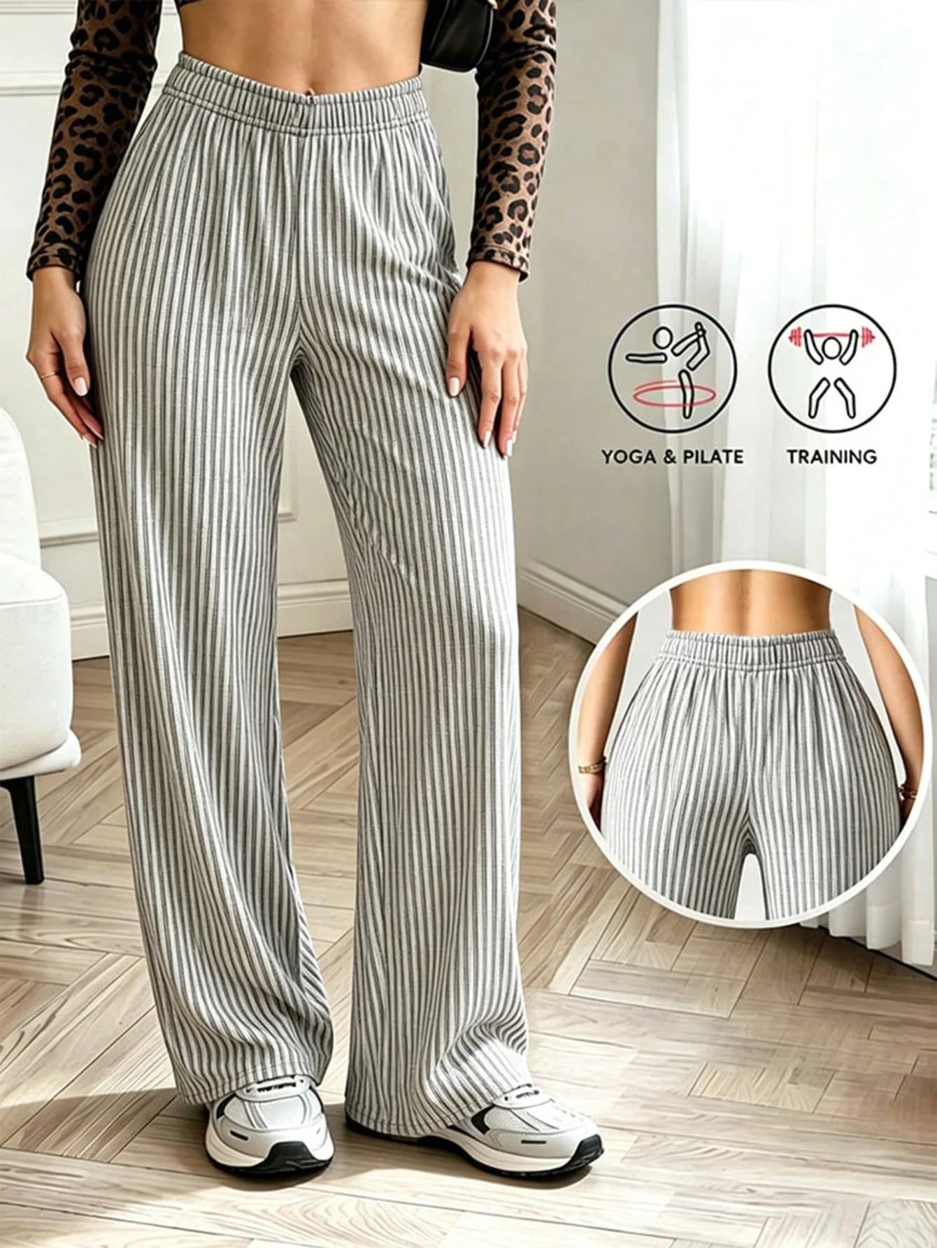 Pantaloni Casual da Donna a Gamba Dritta a Righe in Seta Ghiaccio, Leggings Sportivi Elastici Drappeggiati, Abbigliamento Estivo per Vacanze, Palestra, Yoga e Corsa