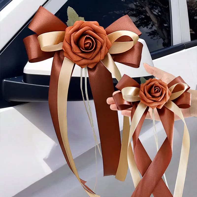 1 Fiore con Pompon per Decorazione Specchietto Retrovisore, Fiore per Auto da Matrimonio, Fiore Multicolore a Testa Singola per Auto, Fiocco in Nastro per Decorazione Scenografica Matrimonio, Corrimano per Scale