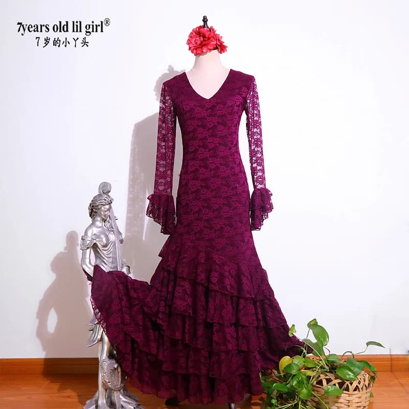 7 annililgirl 2025 Nuovo spagnolo Flamenco Dance Abito in pizzo Abiti da sera Scollo a V Indossare le donne DTT78