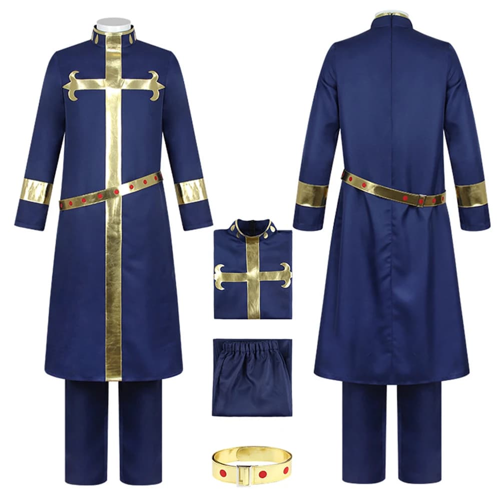 Costume Cosplay di Enrico Puccii, Travestimento Anime JoJo, Set Cappotto Lungo, Pantaloni e Cintura, Abito da Uomo per Halloween e Carnevale
