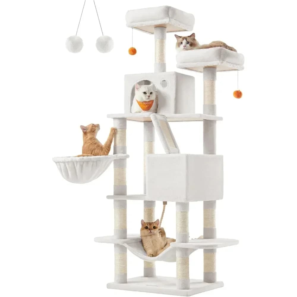 Feandrea Cat Tree, grande torre per gatti da 661 pollici con 13 tiragraffi, 2 posatoi, 2 grotte, cestino, amaca, pompon, multilivello