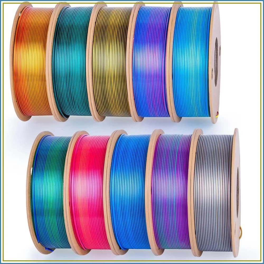 Silk PLA Filament 1.75mm Bundle, 10-Color Metallic Pack (250g/Spool, 2.5kg Total), High Gloss & Smooth Finish for 3D Printing