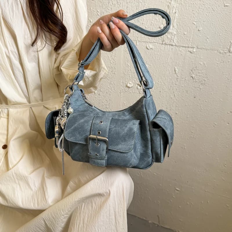 Vintage Washed Denim Underarm Bag, Multi Pocket Y2K Shoulder Crossbody Purse for Women