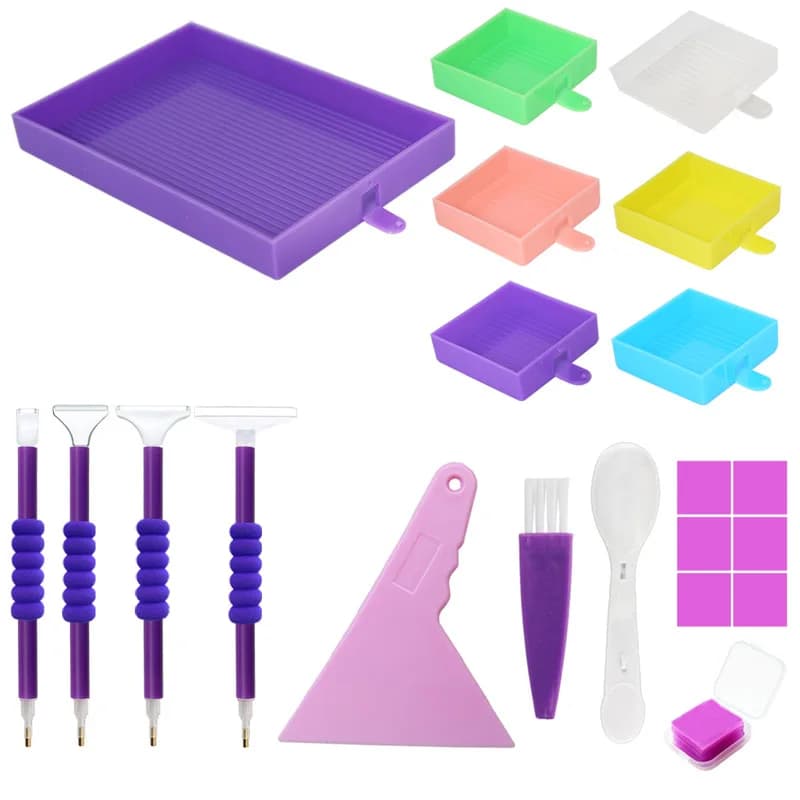 Set di palette a 6 scomparti, accessori per pittura con diamanti, vassoio grande, strumenti, argilla e set completo di strumenti per ricamo a punto croce.