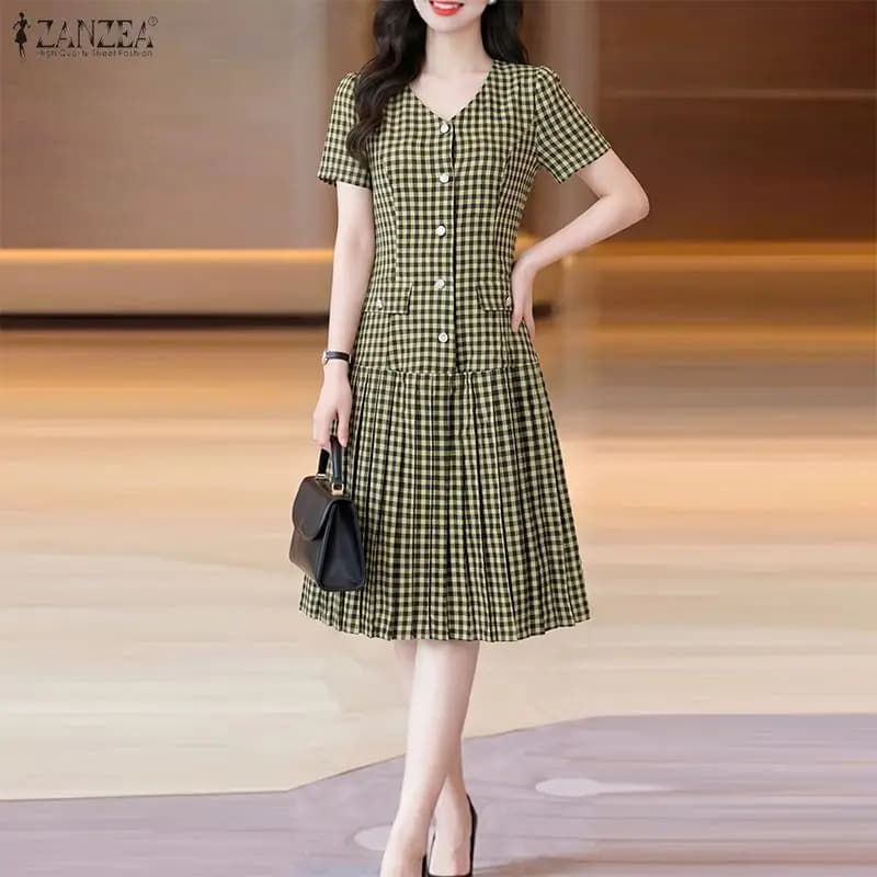 ZANZEA Summer Women's Gingham Dresses V-Neck Short Sleeve Half-Buttons Pleated Hem Knee-Length Dress Casual Commute Robes Femme