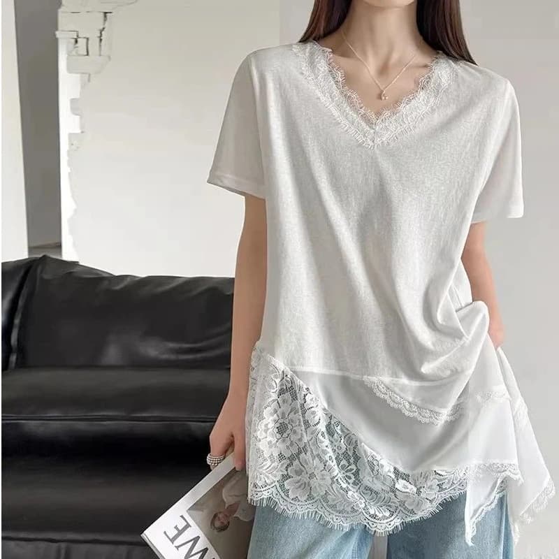 Thin Simplicity Lace Patchwork Loose Solid Lazy Tops Short Sleeve Irregular Casual T Shirts Summer Korean Fashion Women Clothing