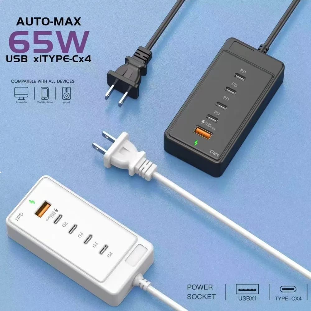 Caricatore USB C a 5 Porte per Ricarica Rapida, Adattatore da Muro per iPhone Samsung Xiaomi Huawei con Spina EU US UK