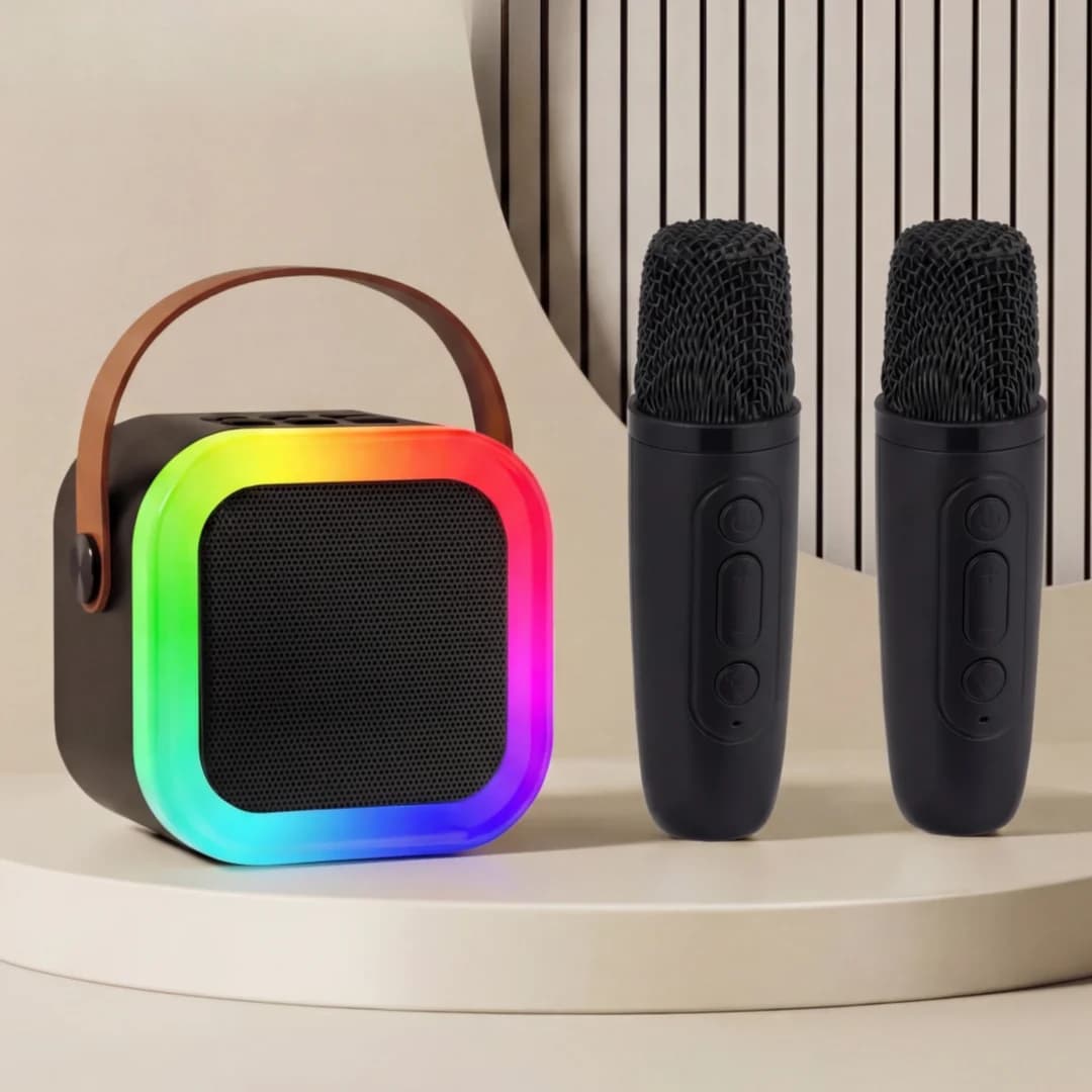 Macchina per Karaoke Bluetooth con 2 Microfoni Wireless, Luci LED, Modificatore di Voce, Riduzione del Rumore, Scheda Audio per Adulti e Bambini