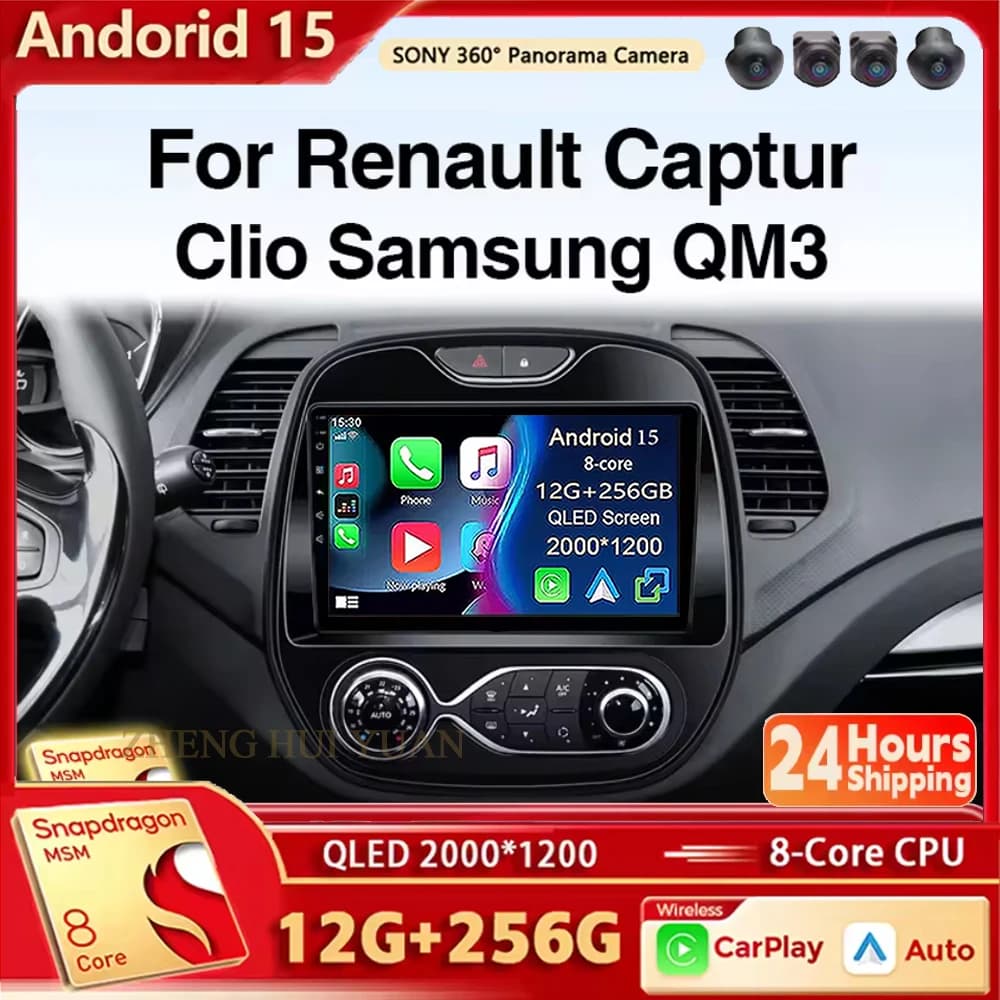 Autoradio Android 15 con Carplay, Navigazione GPS e Lettore Multimediale per Renault Captur Clio Samsung QM3 2014-2018