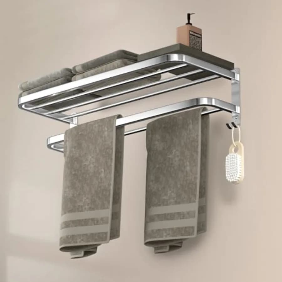 23 Inch Bathroom Towel Rack Towel Shelf with Double Towel Bars Lavatory Wall Mount Holder with Hooks Stainless Steel Hotel Bath