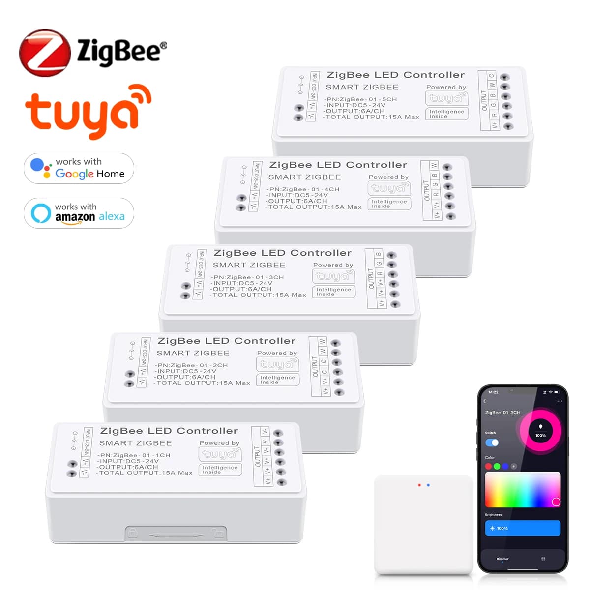 Zigbee 3.0 CCT RGBW RGB LED Strisce luminose Controller Dimmer vocale dimmer Funziona con Tuya Gateway HueBridge SmartThings Bridge