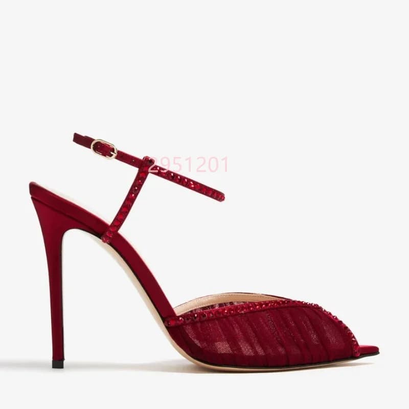 Peep Toe Mesh Pumps Buckles Straps Thin High Heels Crystal New Style Shoes Summer Casual Party Designer Shoes