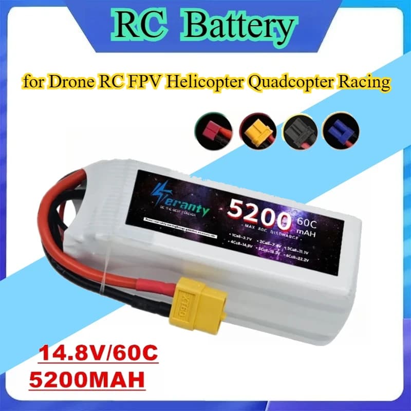 Batteria Ricaricabile LIPO 14.8V 4S 5200mAh 60C con Connettore XT60/XT90 per Droni RC FPV Elicotteri Quadricotteri da Corsa