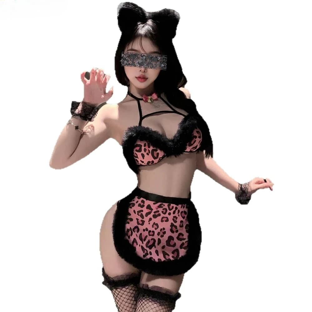 Anime Pink Leopard Pattern Uniform Cat Girl Plush Sexy Lingerie Outfit Pajama Costume Cosplay Woman RolePlay Nightwear Underwear