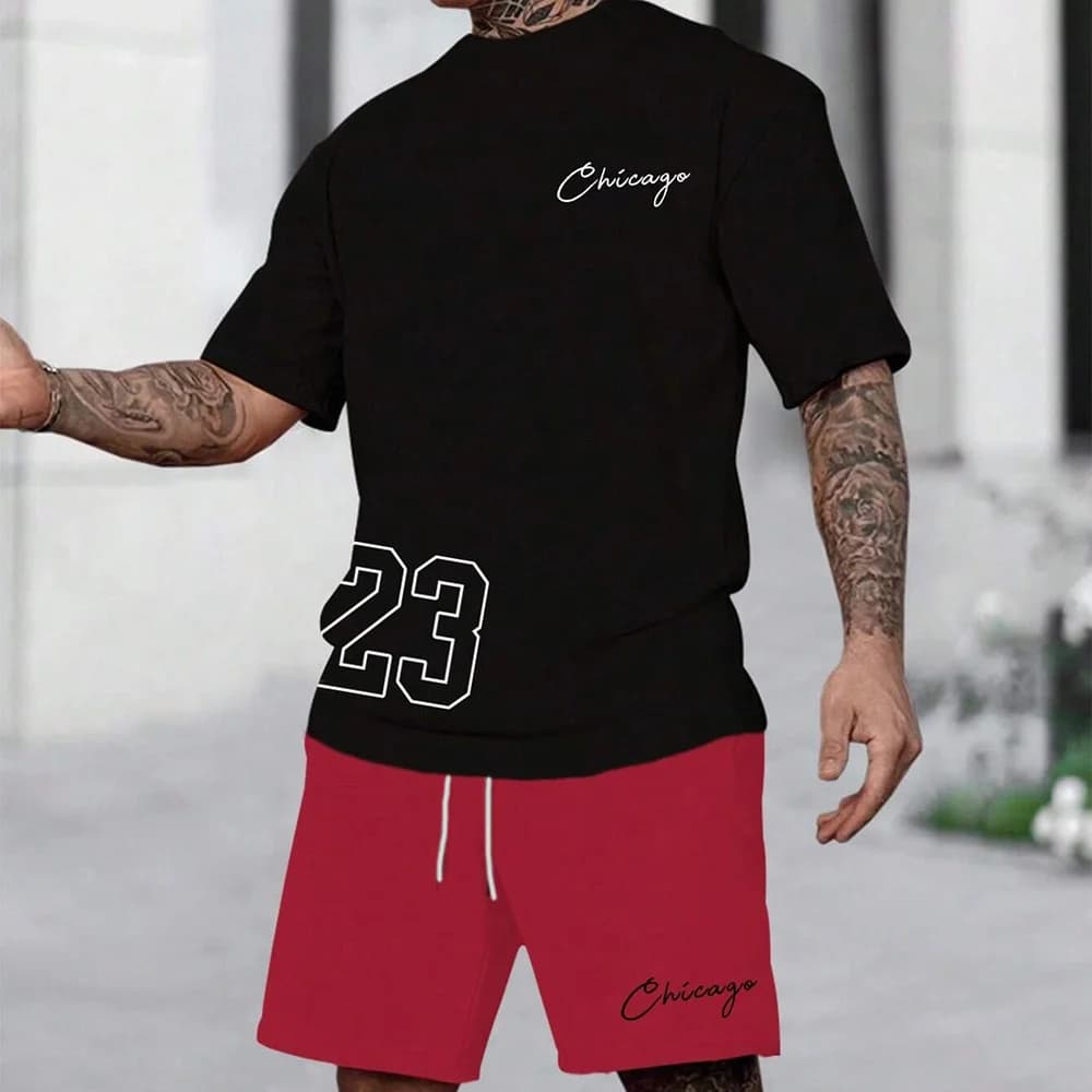 2026 Summer New Men's T-shirt Shorts Set Chicago Printed Short Sleeve Round Neck T-shirt Summer Casual Outdoor Comfort