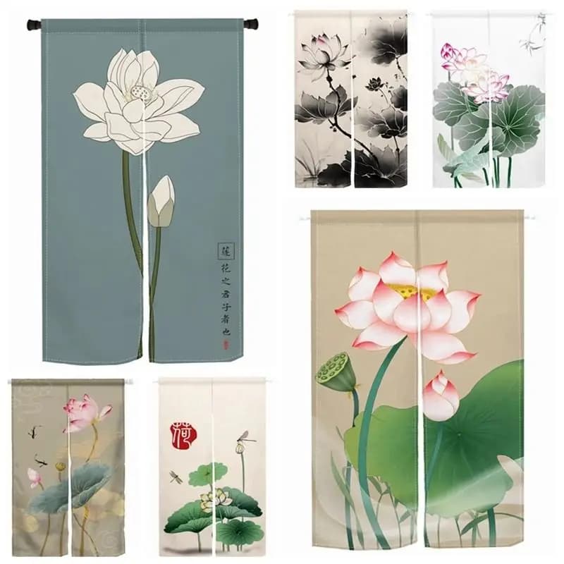 VIKAMA Chinese Ink Lotus Flower Door Curtain Linen Partition Durable Stylish No Drill Half Curtain for Home Kitchen Bedroom