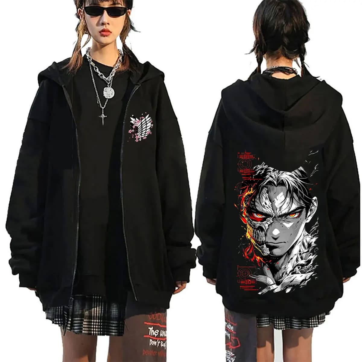 Anime Attack on Titan Zipper Hoodie Manga Eren Jaeger Cosplay Zip Up Jacket Men Women Casual Retro Oversized Zip Up Sweatshirt