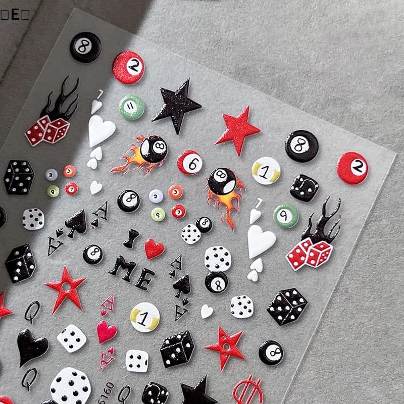 〔E〕Adesivi per unghie 3D con ciliegie in rilievo, autoadesivi, con design a palline da biliardo e dadi, decorazioni per unghie, accessori fai da te per manicure〔Winter5〕