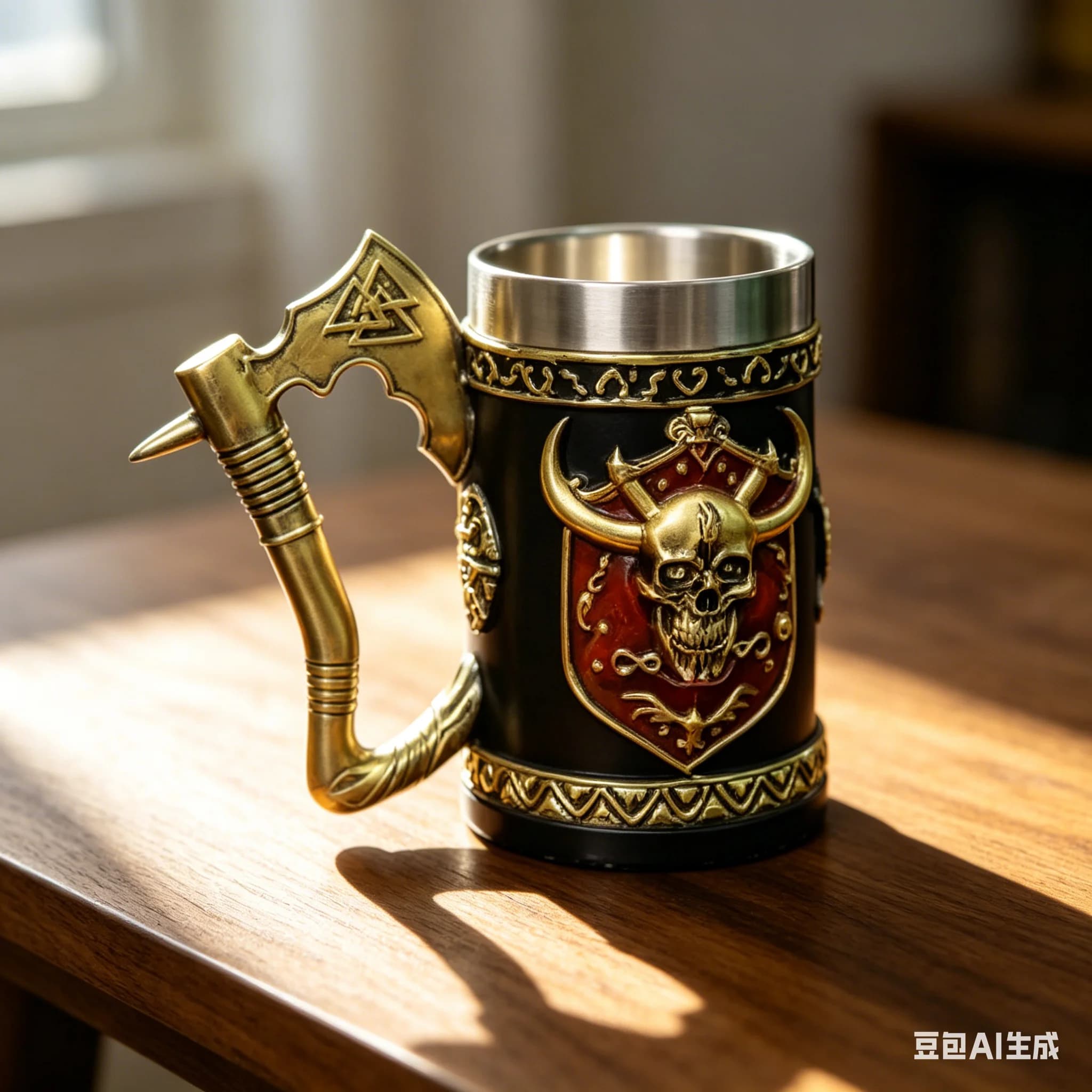 Boccale da Birra 3D in Acciaio Inossidabile e Resina, Stile Americano con Manico a Ascia e Design Teschio, Boccale Creativo per Bar, Regalo per Uomini