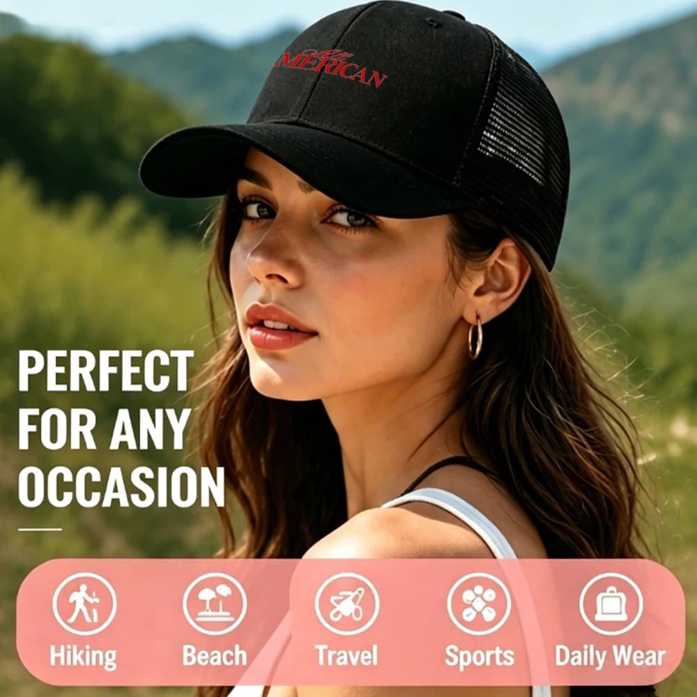 1 cappellino trucker regolabile in rete nera con stampa All MERICAN, cappellino da baseball casual nero da donna, perfetto per ogni occasione, adatto per l'uso quotidiano fuori da casa, escursioni, viaggi in spiaggia, sport all'aria aperta, cappello da sole leggero e traspirante per