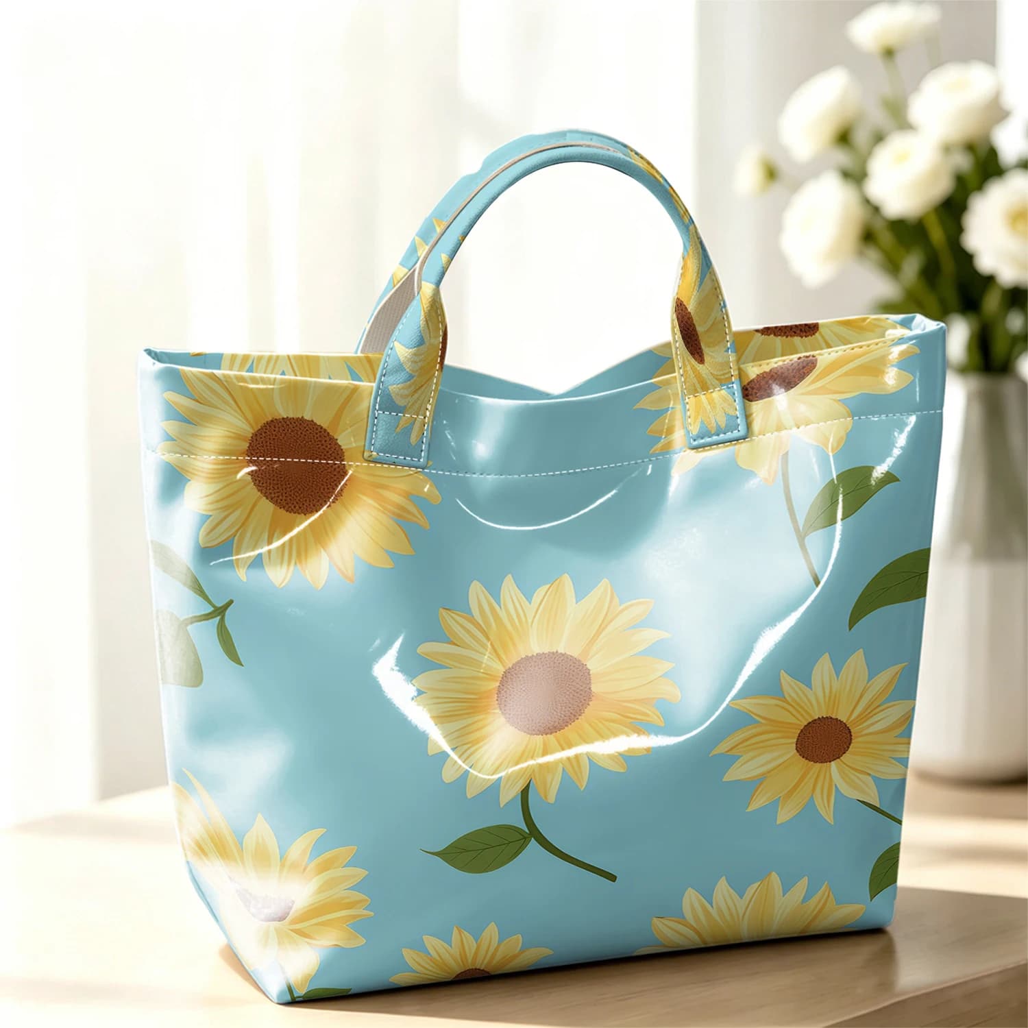 Sky Blue Sunflower Stylish Large Glossy PVC Tote Bag Washable Waterproof Durable Ideal for Travel Commute Cosmetics Handbags