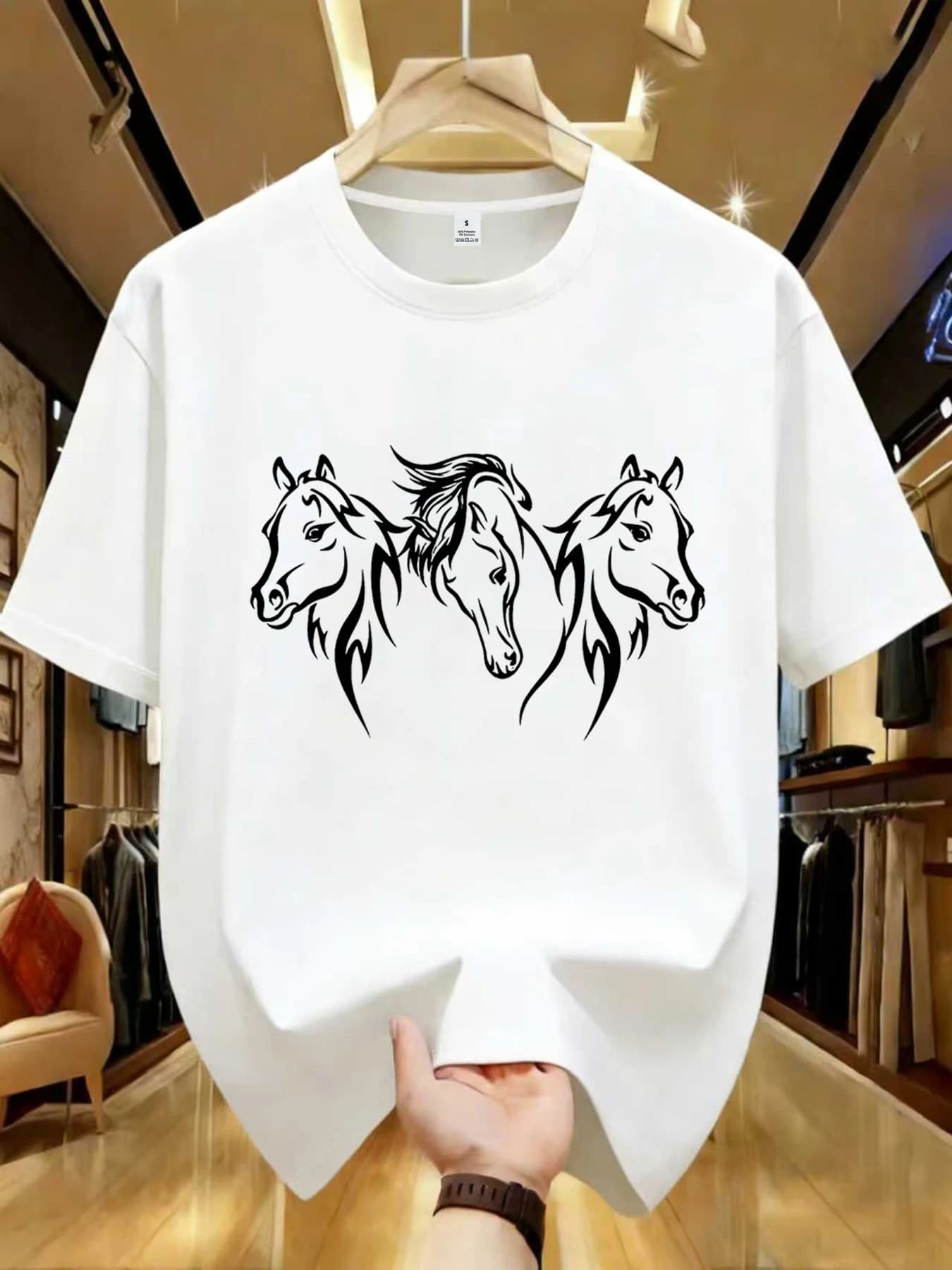 【WZM1064】T-shirt girocollo stampata da donna con grafica tribale a tre cavalli, top estivo casual a maniche corte, stile street