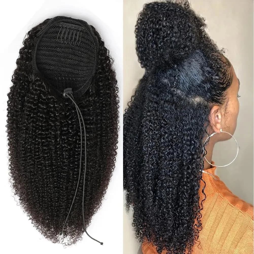 Coda di cavallo con clip in capelli umani, lunga, riccia e crespa, con coulisse, per donna, nera