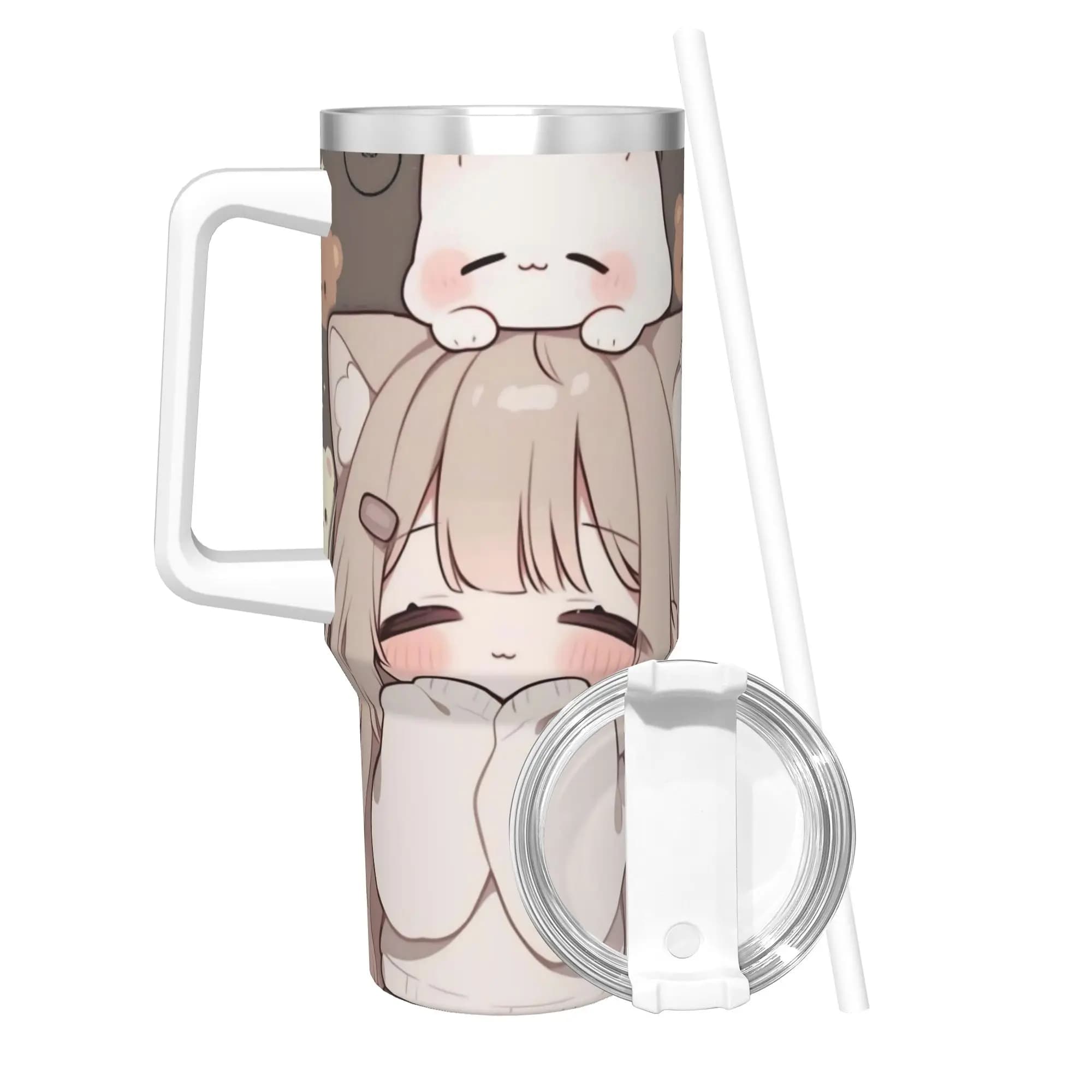 Tazza Termica Trickcal C-Chibi Go Games con Coperchio e Cannuccia, Borraccia Scolastica per Bevande Calde e Fredde 40oz