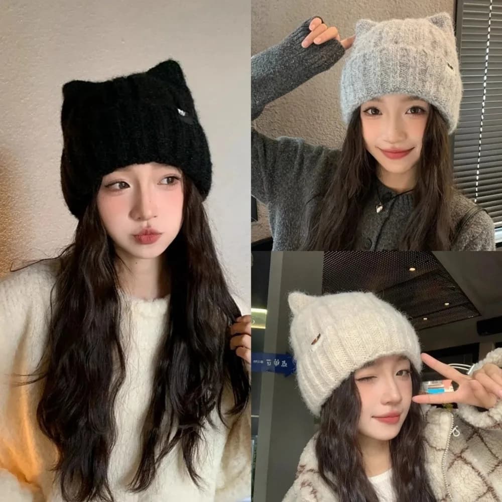 Knitted caps with cat ears, 1 piece, warm winter hats in wool for woman, fashionable headdress in Korean style