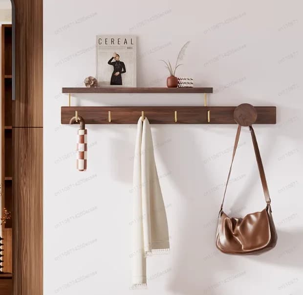 Black walnut wooden hanger without drilling, creative clothes hangers for living room, versatile storage shelves for bags