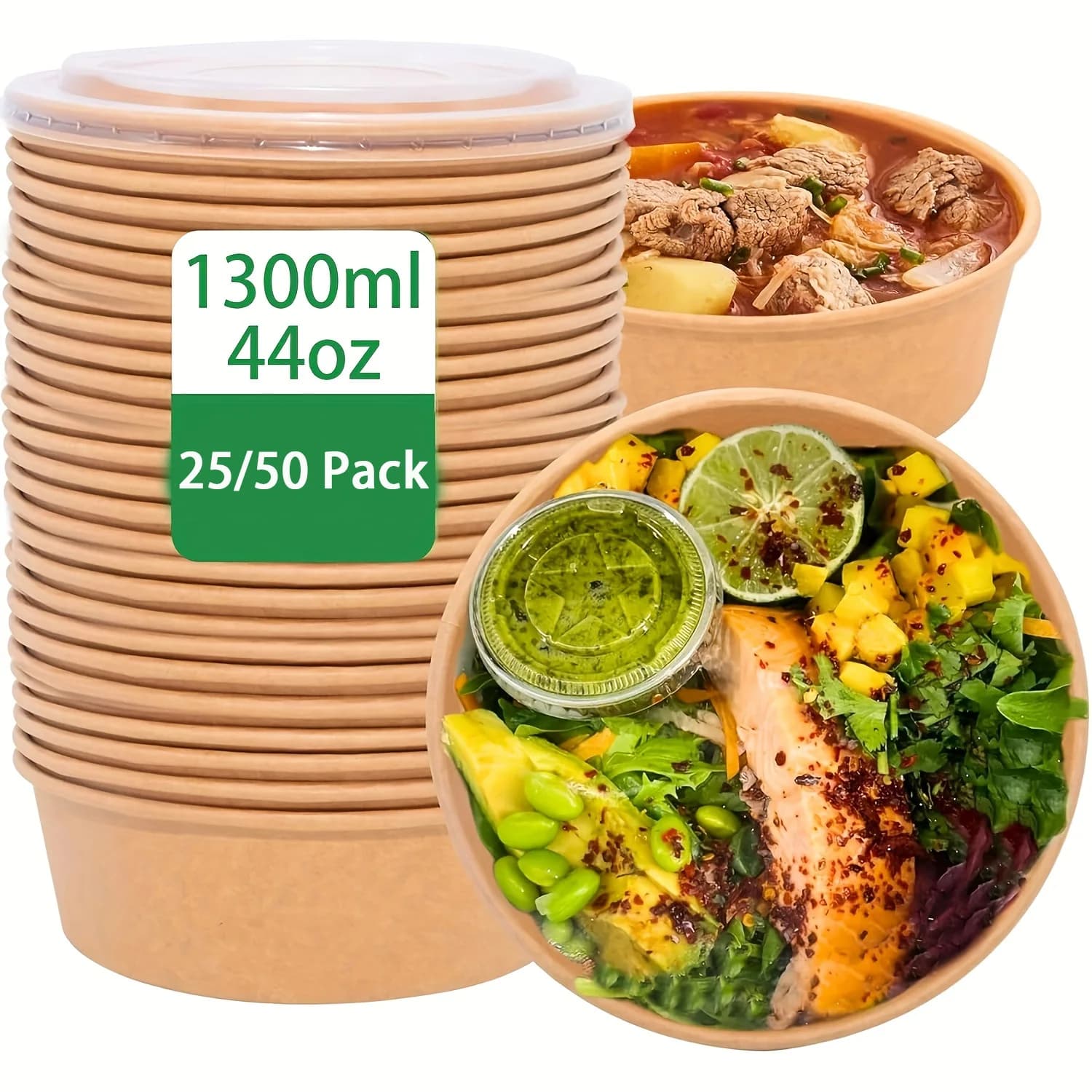 44Oz/1300Ml 25/50 Pack Paper Bowls with Lids, Disposable Soup Bowls, Food Containers Lunch Box, Salad Bowls, Meal Prep Bowls