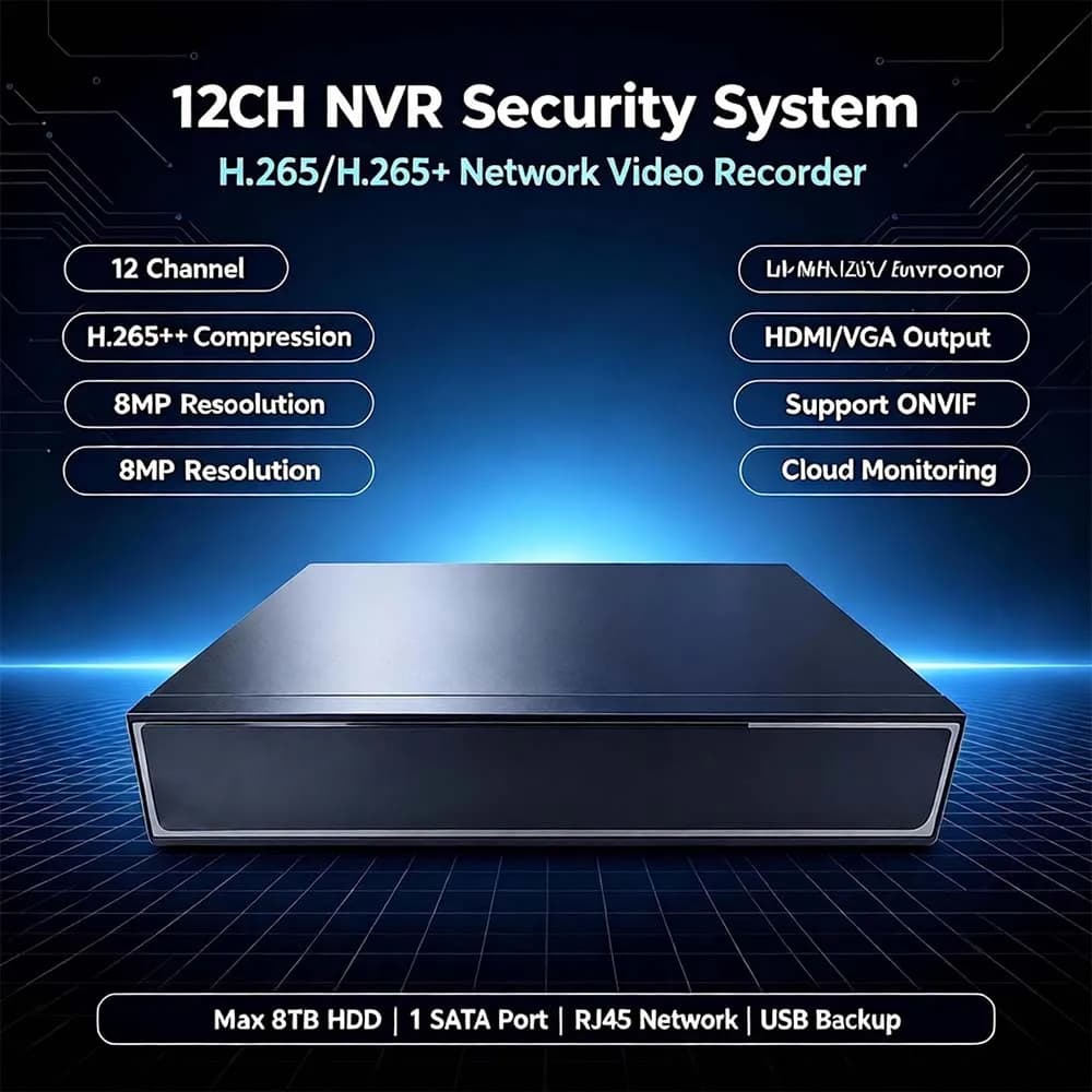 12 Channel 4K NVR H.265/H.264 IP Camera Recorder ONVIF Support VGA HDMI Audio Output Single SATA 8TB HDD Cloud P2P Remote View