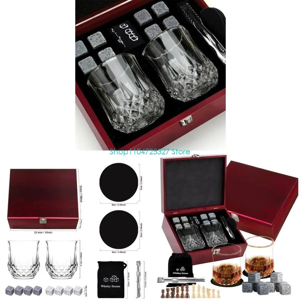 D8KF Lussuoso set da whisky rock con 2 bicchieri e scatola a tema scacchi per amanti del whisky