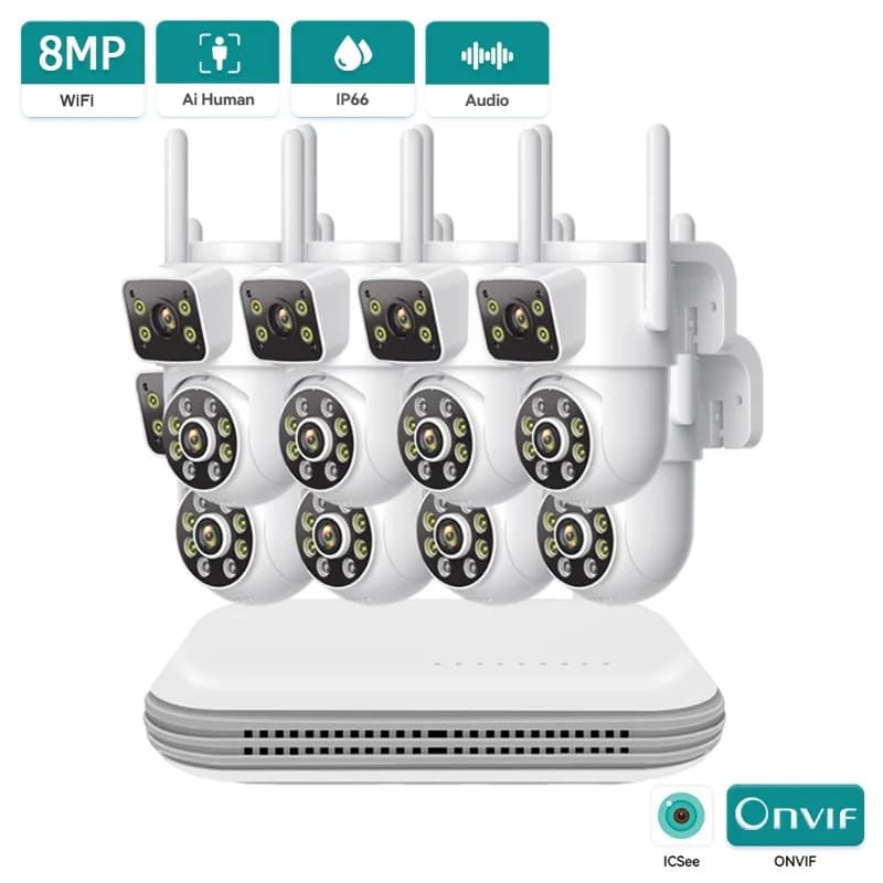 8MP WiFi NVR CCTV System Security kit with two-way audio, dual lens wireless IP cameras, 8CH iCSeee XMeye video surveillance set