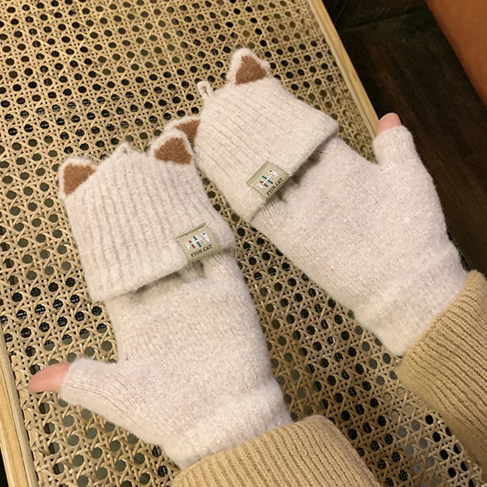 Guanti lavorati a maglia caldi invernali Cute Cat Ear Girls Writing convertibile Flip Top Glove addensare scaldamani ciclismo guanti senza dita