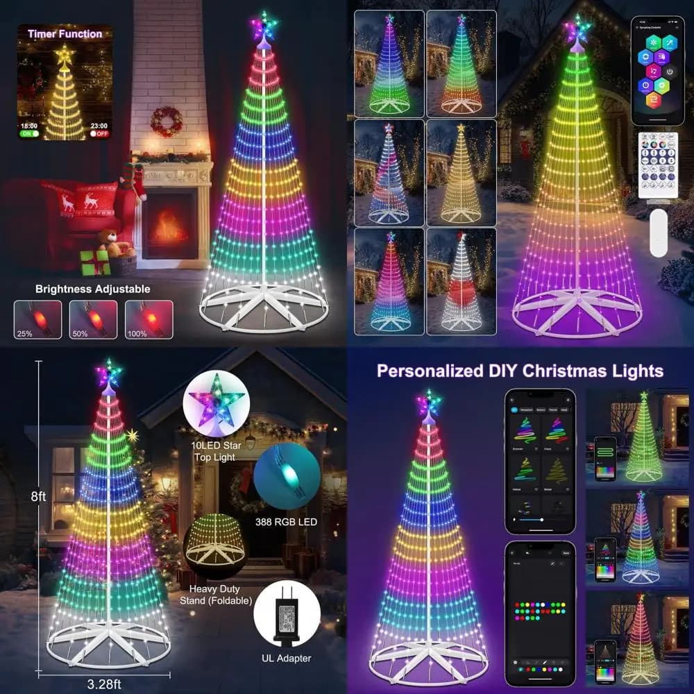 Albero a cono di Natale esterno impermeabile sincronizzato Bluetooth con 265 LED, lucine intelligenti per l'effetto scintillante di sincronizzazione musicale