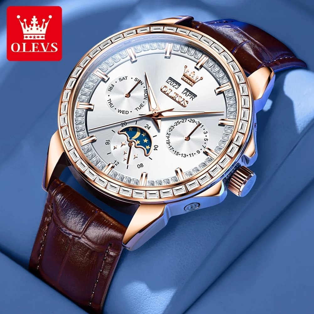 OLEVS Brand New Business Men Orologio meccanico in pelle impermeabile di lusso automatico fasi lunari 24 ore orologio da polso da uomo di moda