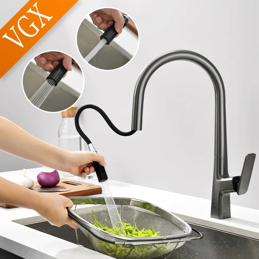 VGX estraibile rubinetto per lavello da cucina spruzzatore per flusso cucina rubinetto Gourmet miscelatore per lavabo girevole rubinetto per acqua gru calda e fredda ottone grigio