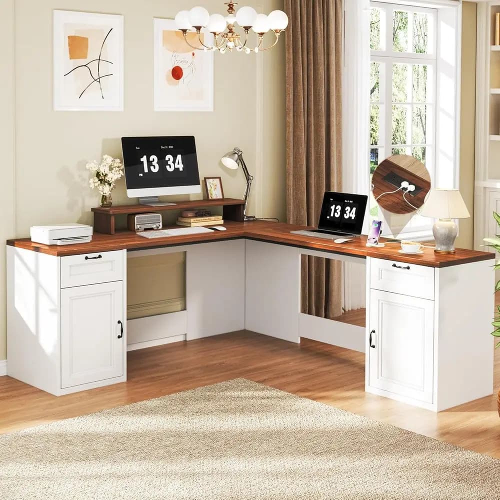 L-shaped executive desk 78 antique white with drawers, sockets, monitor support and storage cabinet