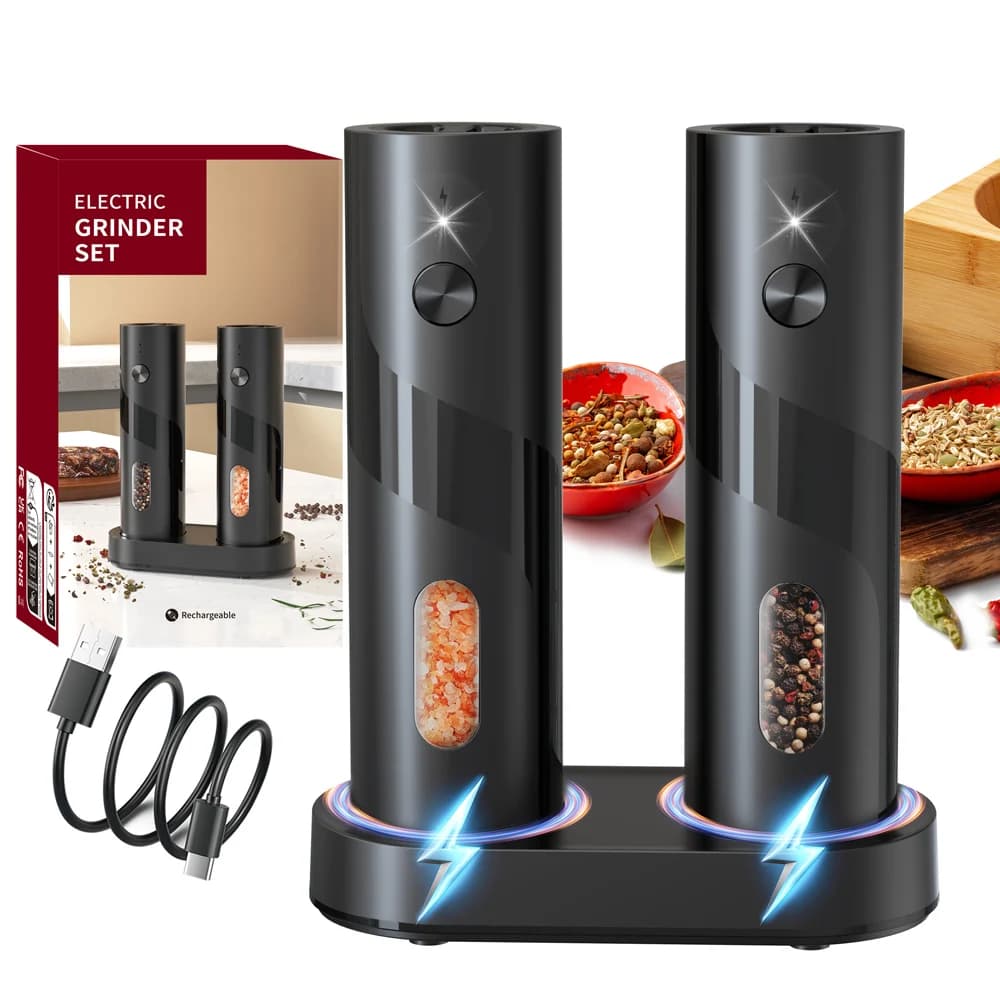 Macinapepe elettrico ricaricabile per sale e pepe da 2 pezzi Set Macinapepe automatico con capacità di 110 ml con base di ricarica