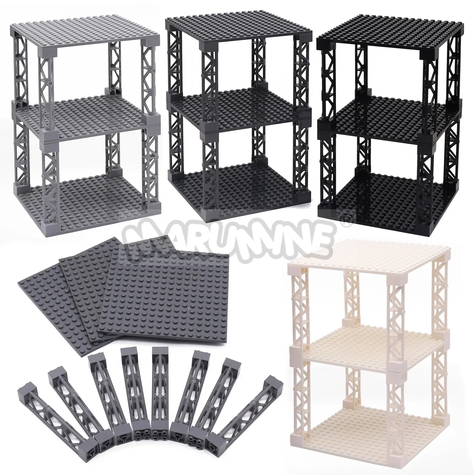 MARUMINE Building Blocks Parts 16x16 Baseplate with 2x2x10 Iron Frame Support MOC Bricks Floor Board Compatible 91405 58827