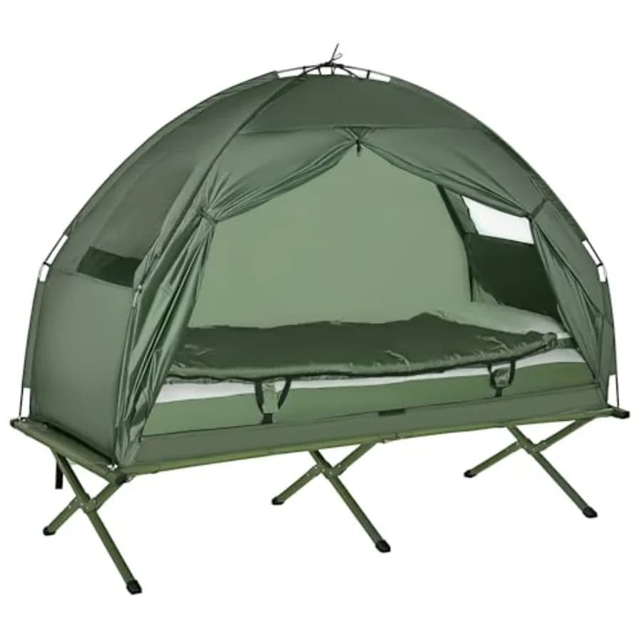 Foldable outdoor camping cot with mattress, pillow, sleeping bag and carrying bag, folding tent combo for excursions and light backpacking
