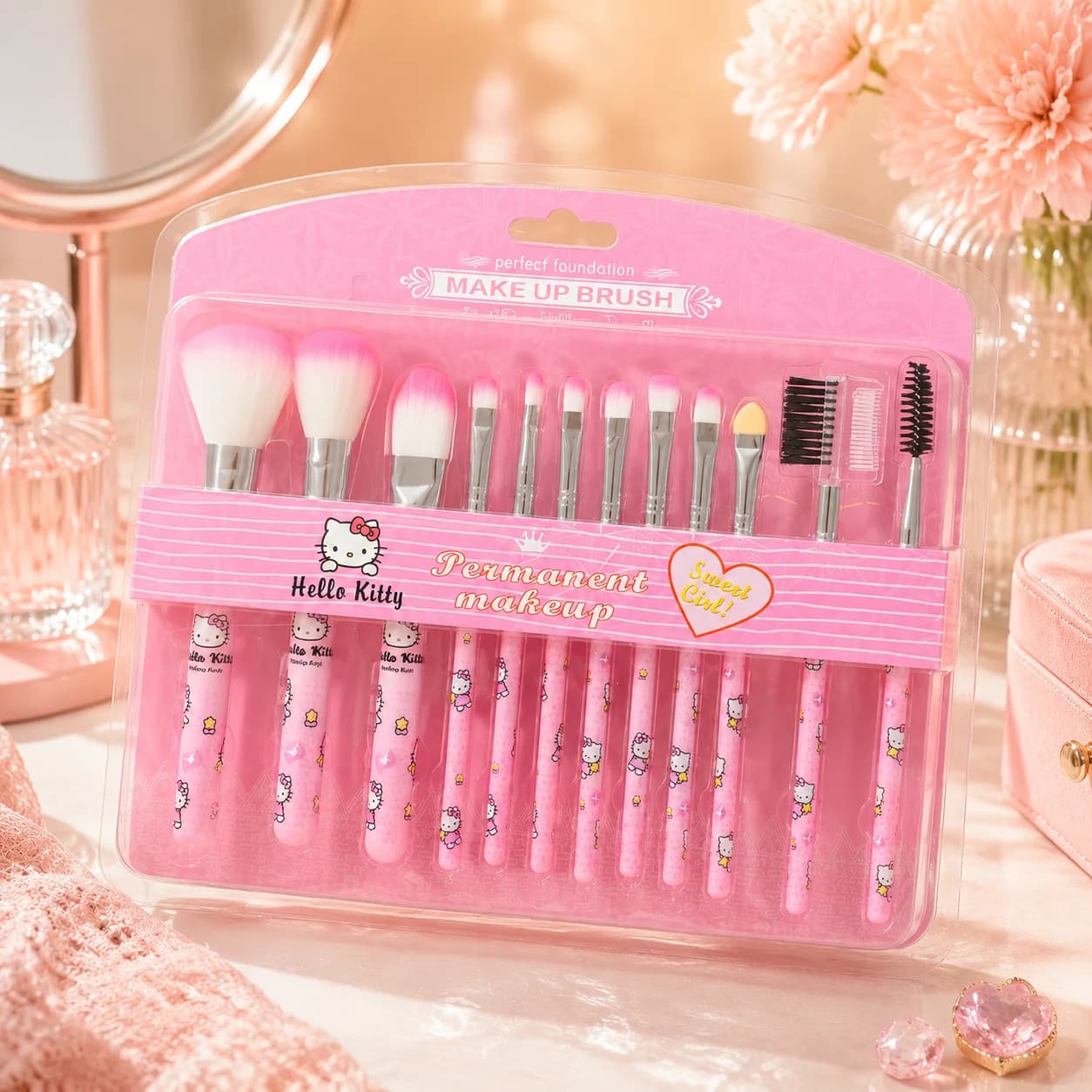 Hello Kitty 12-piece Makeup Brush Set Cute Pink Cosmetic Brushes Kit Portable Beauty Tools Face Eye Makeup Brush Set Women Gift