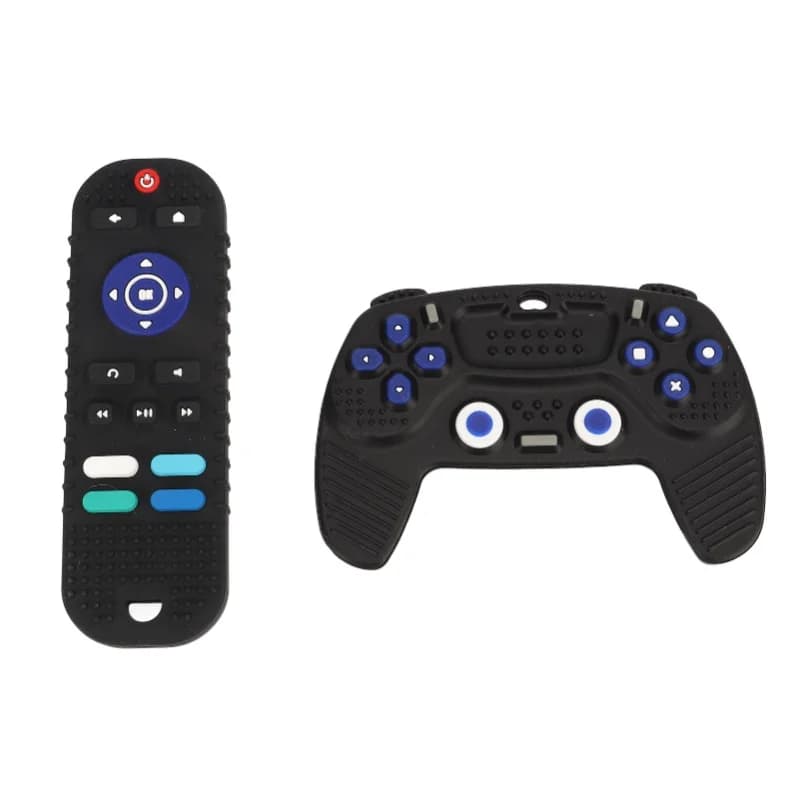 Confezione da 2 giocattoli per la dentizione del bambino in silicone, a forma di telecomando per TV, massaggiagengive sensoriali educativi, colore rosa