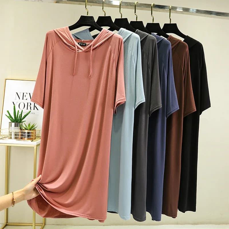 Abito primavera estate con cappuccio mezze maniche Modale Casual Abito lungo ampio Colori solidi abbigliamento femminile streetwear