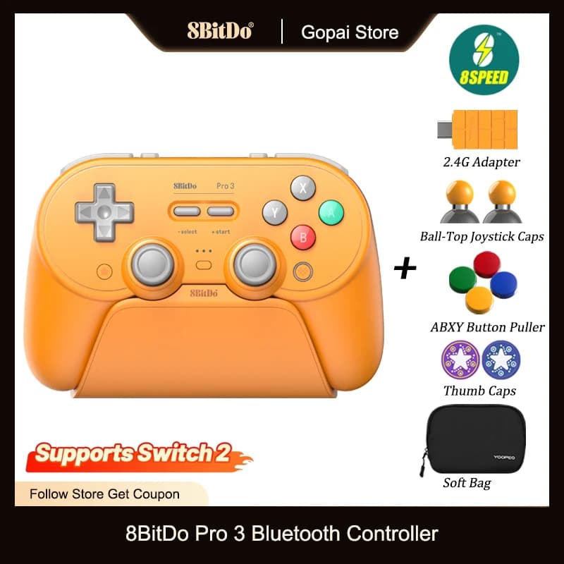 Bluetooth 8BitDo Pro 3 controller for Switch 1/2 Windows, Apple, SteamOS with TMR joystick, switchable trigger, interchangeable button