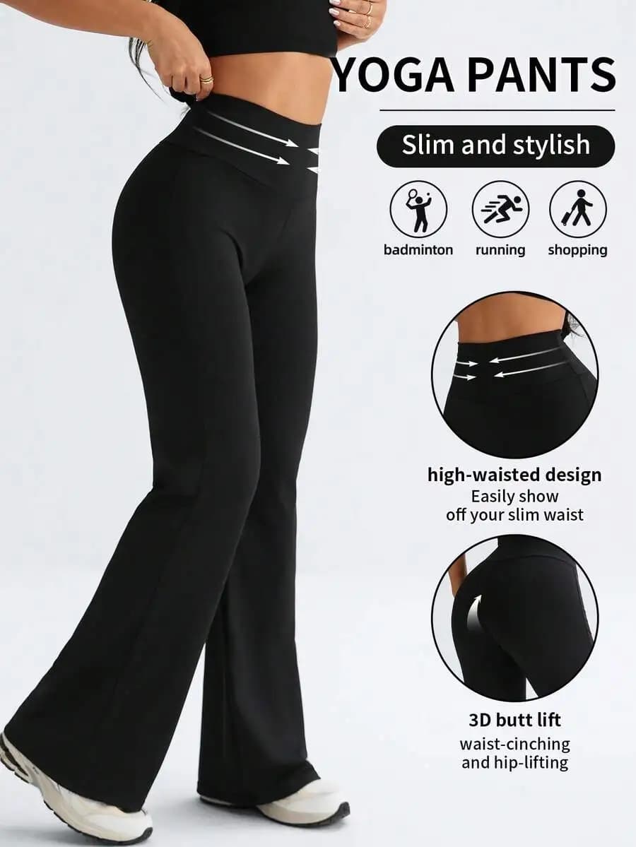 Pantaloni a Zampa Monocolore con Effetto Push-Up per Donne, Vita Alta, Design Slim, Comodi ed Elasticizzati, Leggings Casual per Yoga