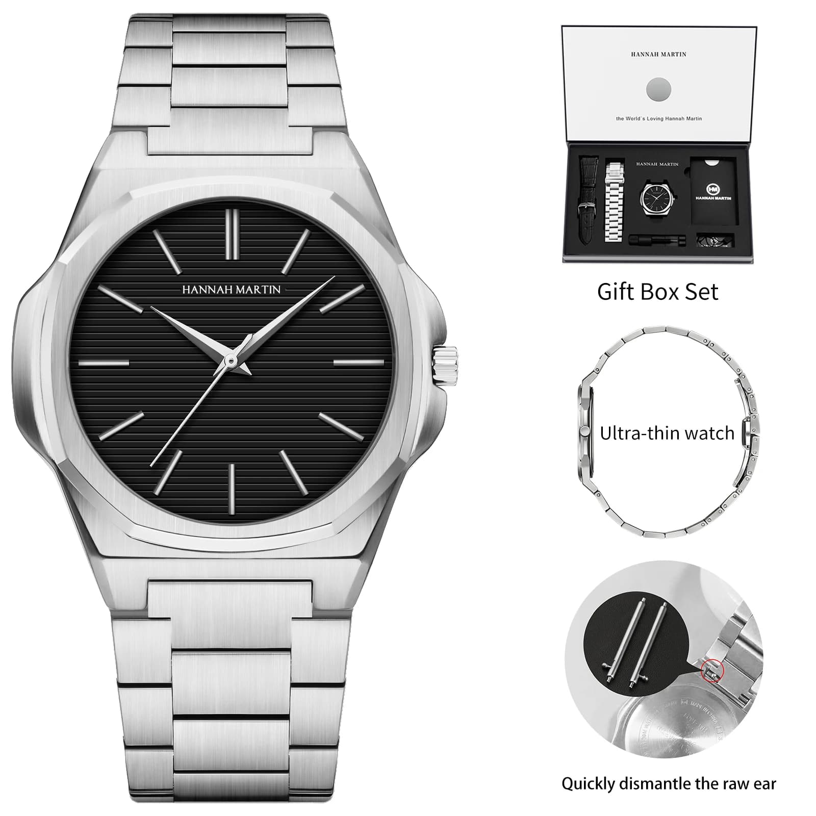 Hannah Martin Orologio da uomo Movimento JP ultrasottile da 6,8 mm Orologio da lavoro in acciaio inossidabile nero 1 set Orologio al quarzo in pelle sostituibile