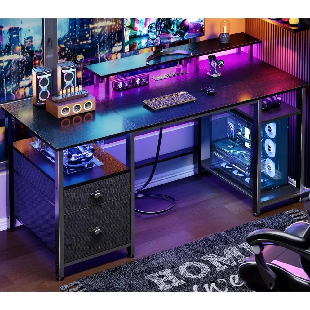 Scrivania da gaming 51 con prese di corrente e luci LED, scrivania per computer reversibile con schedario e supporto per monitor per ufficio domestico