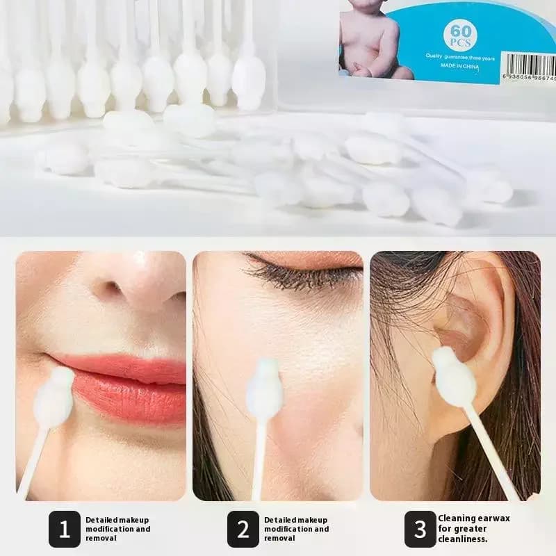 Tamponi di cotone doppi da 60 pezzi per pulire il trucco, bastoncini di cotone a punta organici, tamponi di carta per animali domestici e cosmetici